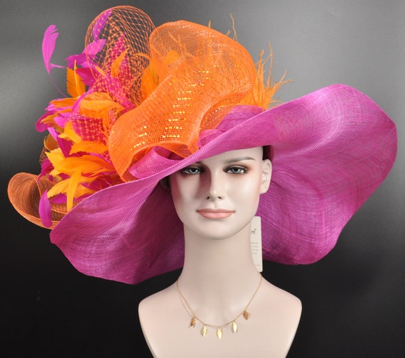 Hot Pink Sinamay Derby Hat: Orange Bow & Feather Flowers - Etsy display picture 3