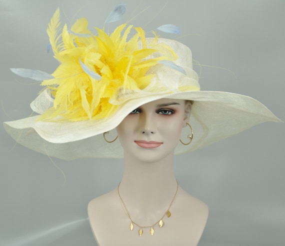Wide Brim Sinamay Derby Hat, Yellow Feather Flower - Etsy