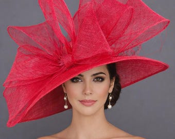 Kentucky Derby Hat Wide Brim Sinamay, Statement Bow Hat, Ascot Race Day Horse Racing Hat Tea Garden Party Hat, Church  Red