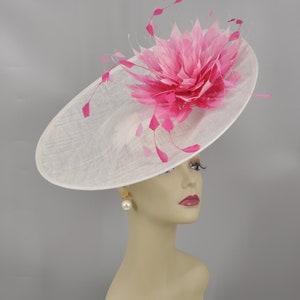 White Sinamay Saucer Hat: Pink Feather Flower Kentucky Derby Fascinator