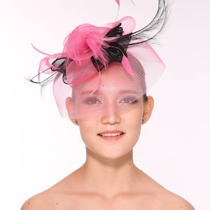 Kentucky Derby Wedding Feather Floral Organza Headband Fascinator  Hat Cocktail Hot Pink with Black