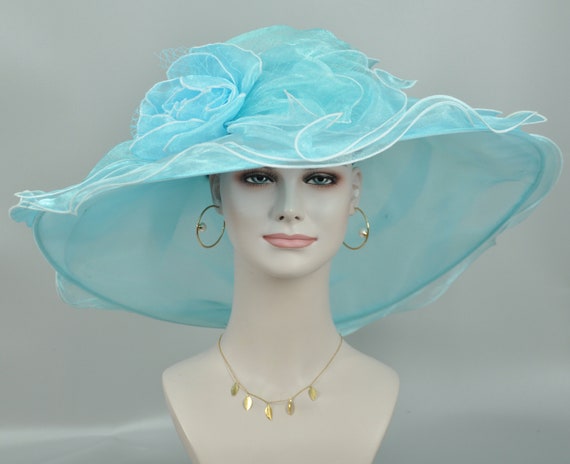 Light Blue Organza Derby Hat, Wide Brim, Bow & Flower - Etsy display picture 3