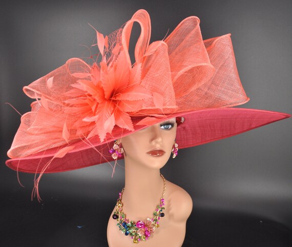 Red Coral Feather Wide Brim Sinamay Derby Hat, Feather & Bow  display picture 1