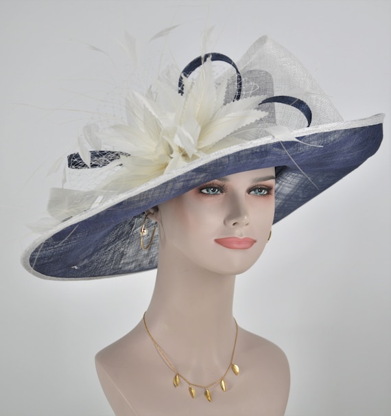 Navy & Cream Feather Fascinator Hat – Derby, Wedding, or Garden Party Elegance il_fullxfull.6913389239_3nib.jpg main image 3