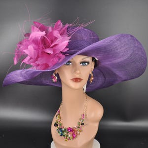 Purple with Hot Pink Feather Flower Kentucky Derby hat, Church hat, Wedding hat, Tea Party hat , Floppy Wide Brim Sinamay Dress Hat