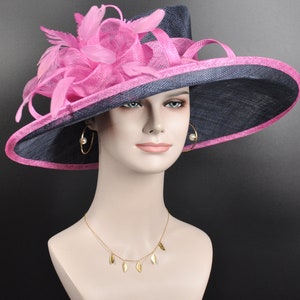 Church Kentucky Derby Hat Carriage Tea Party Wedding Wide Brim  Royal Ascot Hat in Solid Sinamay Hat  Navy Blue w Hot Pink