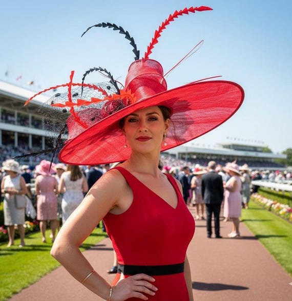 Red & Black Sinamay Derby Hat: Wide Brim Feather Ascot Hat 