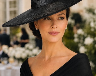Tocado de sinamay de ala ancha negro, sombrero Ascot Royal para bodas, carreras, Derby de Kentucky, fiestas, madre de la novia