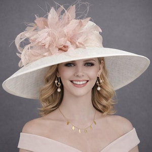 Cappello Kentucky Derby a tesa larga color avorio, bianco sporco, rosa cipria, cappello Ascot per matrimoni, tè, feste in giardino, madre della sposa, chiesa