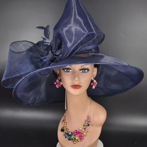 Navy Blue Kentucky Derby Hat, Church Hat, Wedding Hat, Easter Hat, Tea Party Hat Wide Brim Royal Ascot Horse Race Oaks day hat