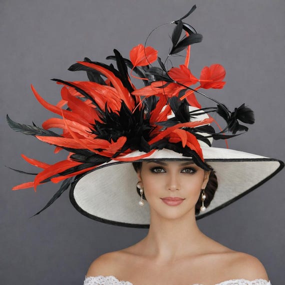 White Red Black Wide Brim Sinamay Derby Hat, Feather & Bow  display picture 3
