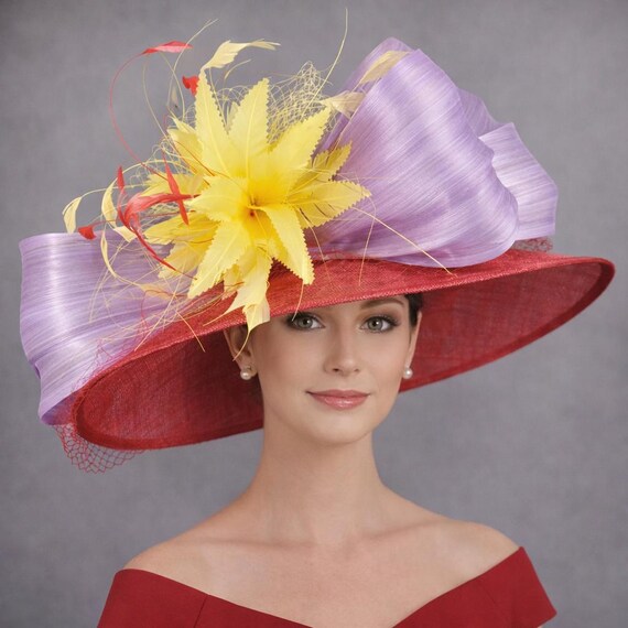 Red, Lavender, Yellow Silk Abaca Bows Wide Brim Sinamay Hat  display picture 1