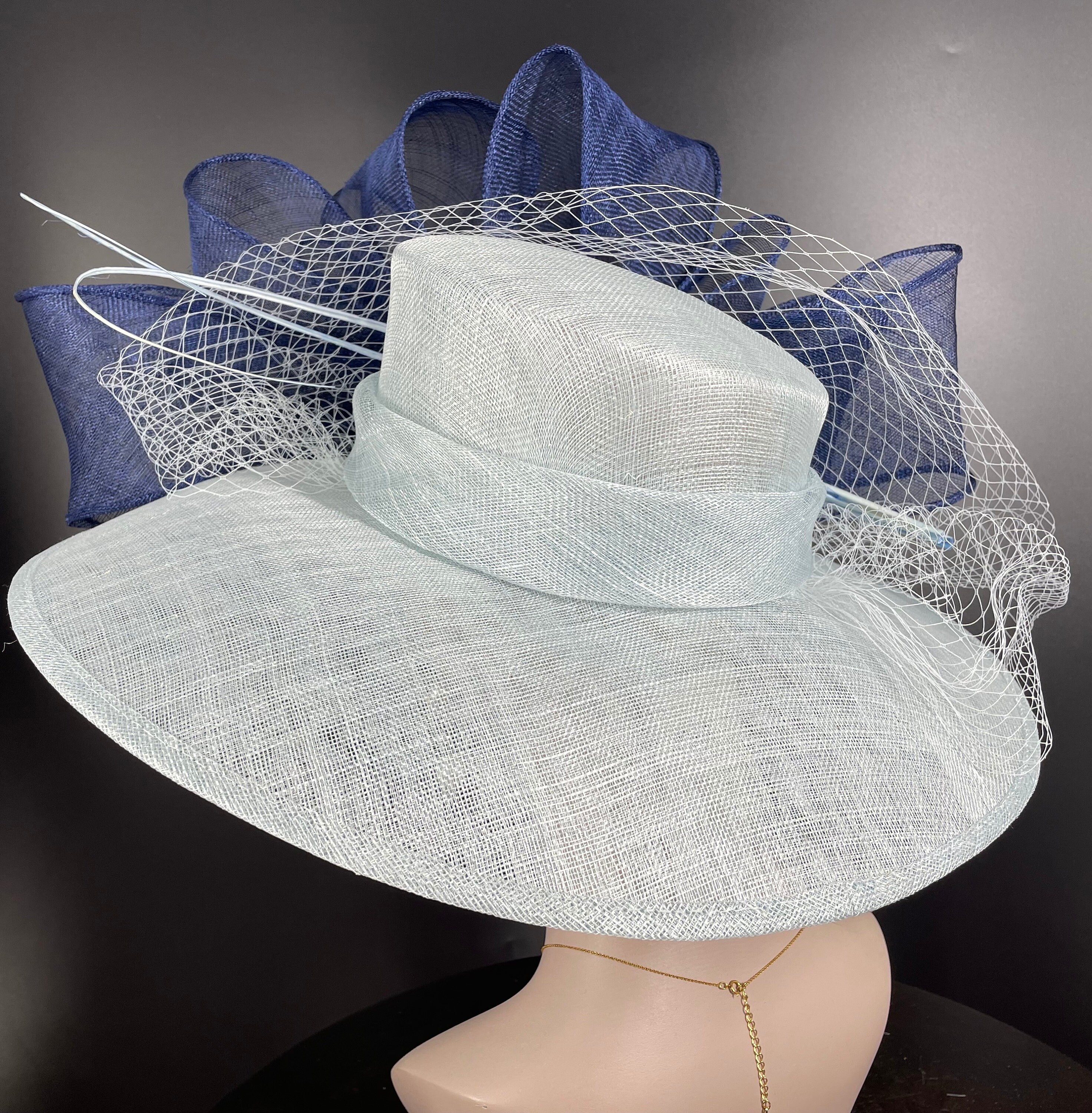 Blue Wide-Brim Bow Hat Derby Ascot Equestrian Statement Headwear M22020F( Navy Royal blue + Multi-colors) Kentucky Derby hat  main image 4