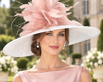 Wide Brim Kentucky Derby Hat, Ascot Hat for Wedding & Tea Party, Garden Party Hat, Mother of the Bride, Church White Blush/Dusty Pink
