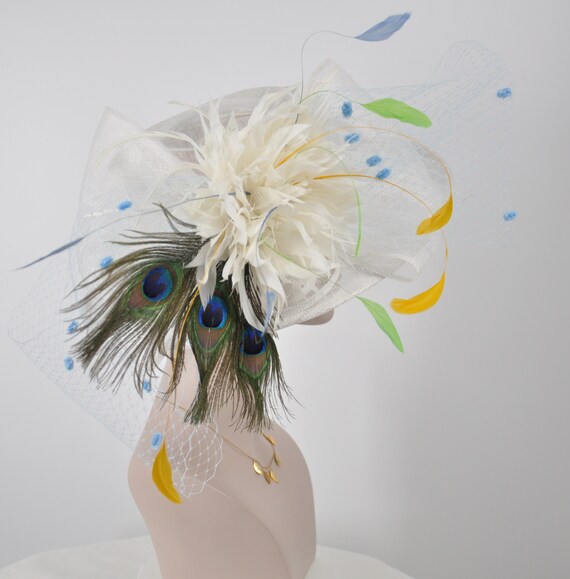Ivory Peacock Feather Flower Kentucky Derby Hat Ivory, Blue Peacock Feathers Wide Brim Kentucky Derby Hat  main image 3