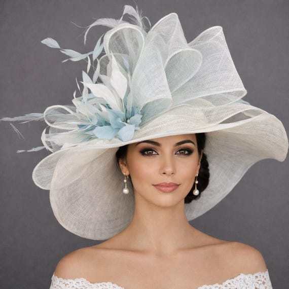 White Powder Blue Feather Flower Wide Brim Kentucky Derby  display picture 1