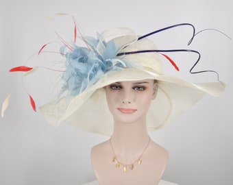 Ivory w taupe  Feather Flower and White Feathers Kentucky Derby Wide Brim Hat