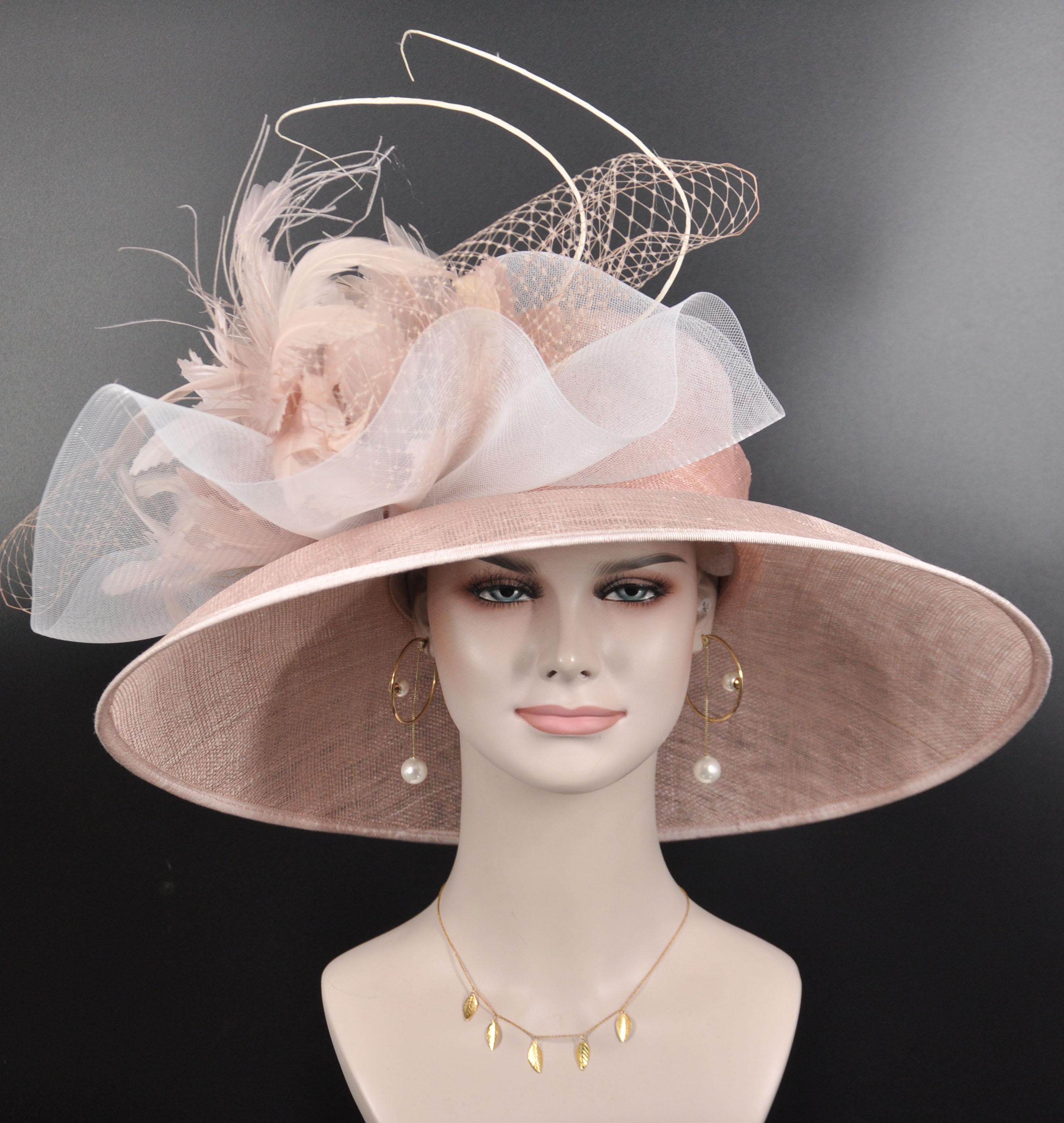 Blush Pink Feather Flower Bow Wide Brim Kentucky Derby Hat  display picture 1