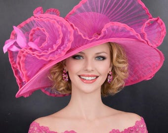 Fuchsia Pink Crin Wave Design Wide Brim Wedding Hat for Kentucky Derby,Tea&Garden Party,Wedding Party, Ascot Royal Party,Mother of The Bride