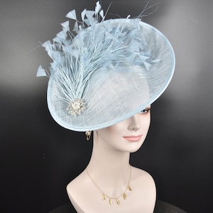 Powder Blue Sinamay Fascinator Hat Kentucky Derby Hat Tea Wedding Party Hat with Jumbo  Feather Flower and Shinning Rhistone