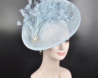 Powder Blue Sinamay Fascinator: Feather Flower Derby Hat
