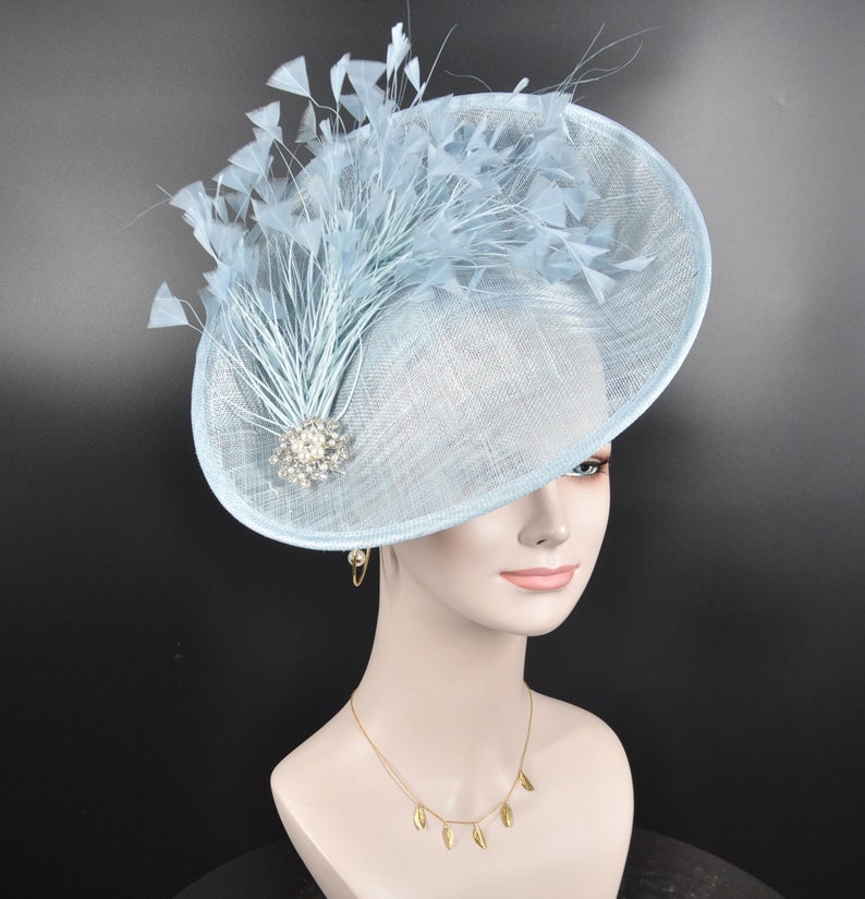 May include: A light blue hat with a wide brim and a large feather accent. The hat is decorated with a jeweled embellishment.