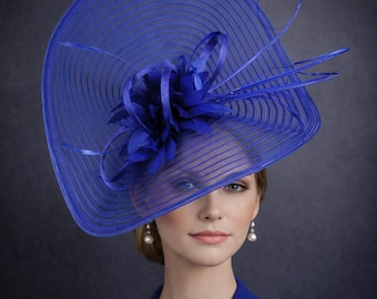 Tocado de sinamay y crin para el Derby de Kentucky, tocado real de Ascot, para madre de la novia, fiesta de té en el jardín, sombrero de boda azul real