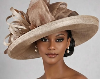 Wide Brim Sinamay  Hat for Kentucky Derby, Ascot Racing Hat, Elegant Wedding Guest Hat, Mother of the Bride Hat Taupe w Brown/Coffee