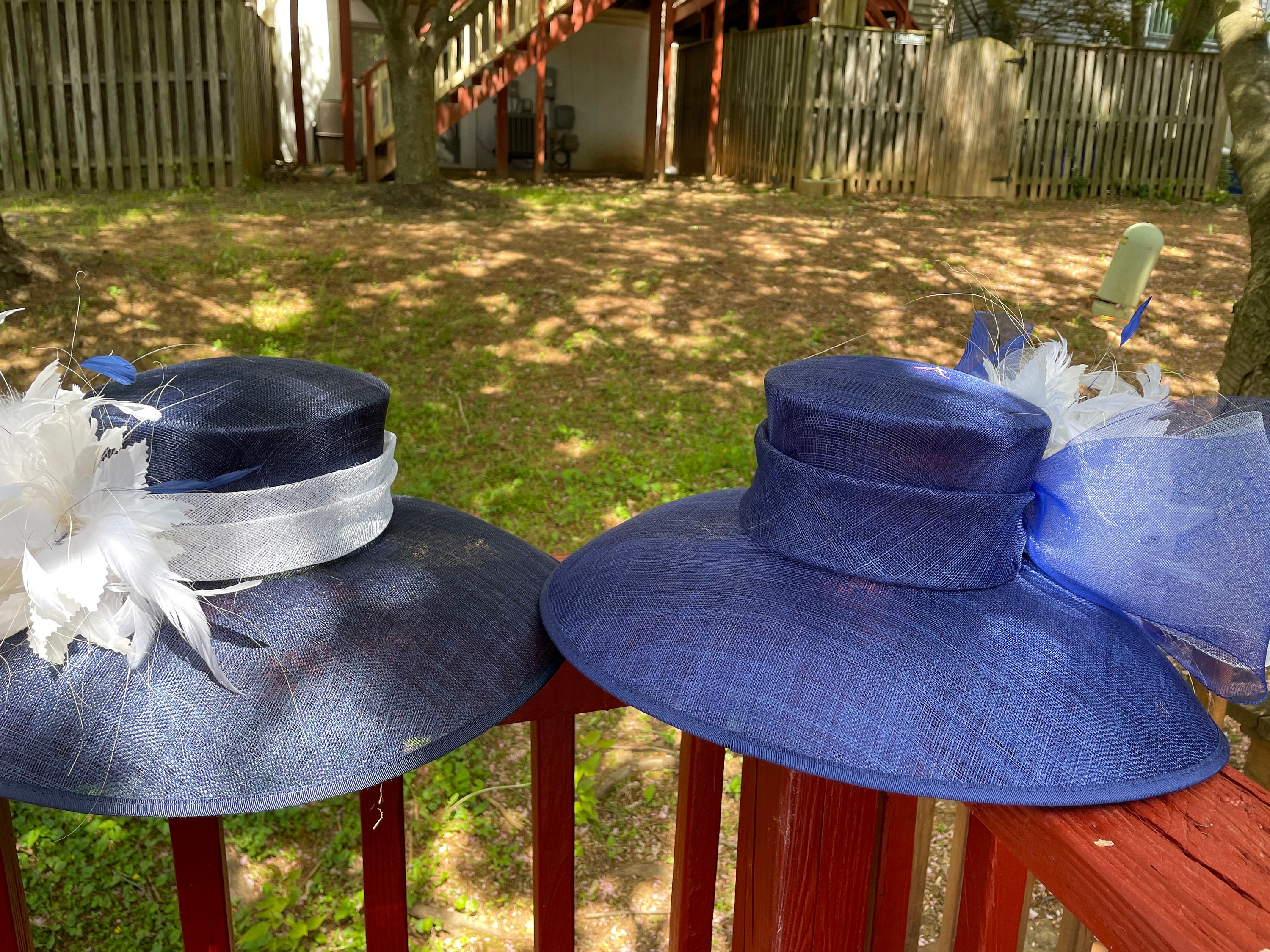 KY Derby Royal Wildcat Blue Feather Sinamay Disc Hat Wide Brim Formal Fascinator Royal Blue Feather and Crystal Fascinator White Sinamay  main image 2