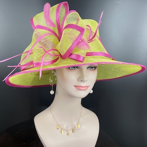 Church Kentucky Derby Hat Carriage Tea Party Wedding Wide Brim  Royal Ascot Hat in Solid Sinamay Hat Lime Green w Hot Pink