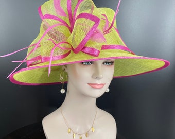 Church Kentucky Derby Hat Carriage Tea Party Wedding Wide Brim  Royal Ascot Hat in Solid Sinamay Hat Lime Green w Hot Pink