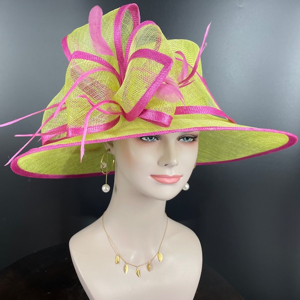 Church Kentucky Derby Hat Carriage Tea Party Wedding Wide Brim  Royal Ascot Hat in Solid Sinamay Hat Lime Green w Hot Pink