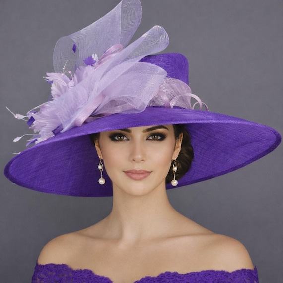 Purple Lilac Feather Crin Ribbon Style Wide Brim Sinamay Hat  display picture 2