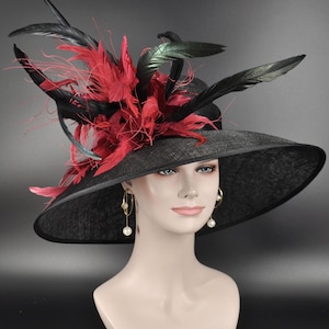 Church Kentucky Derby Hat Carriage Tea Party Wedding Wide Brim  Sinamay Hat Black