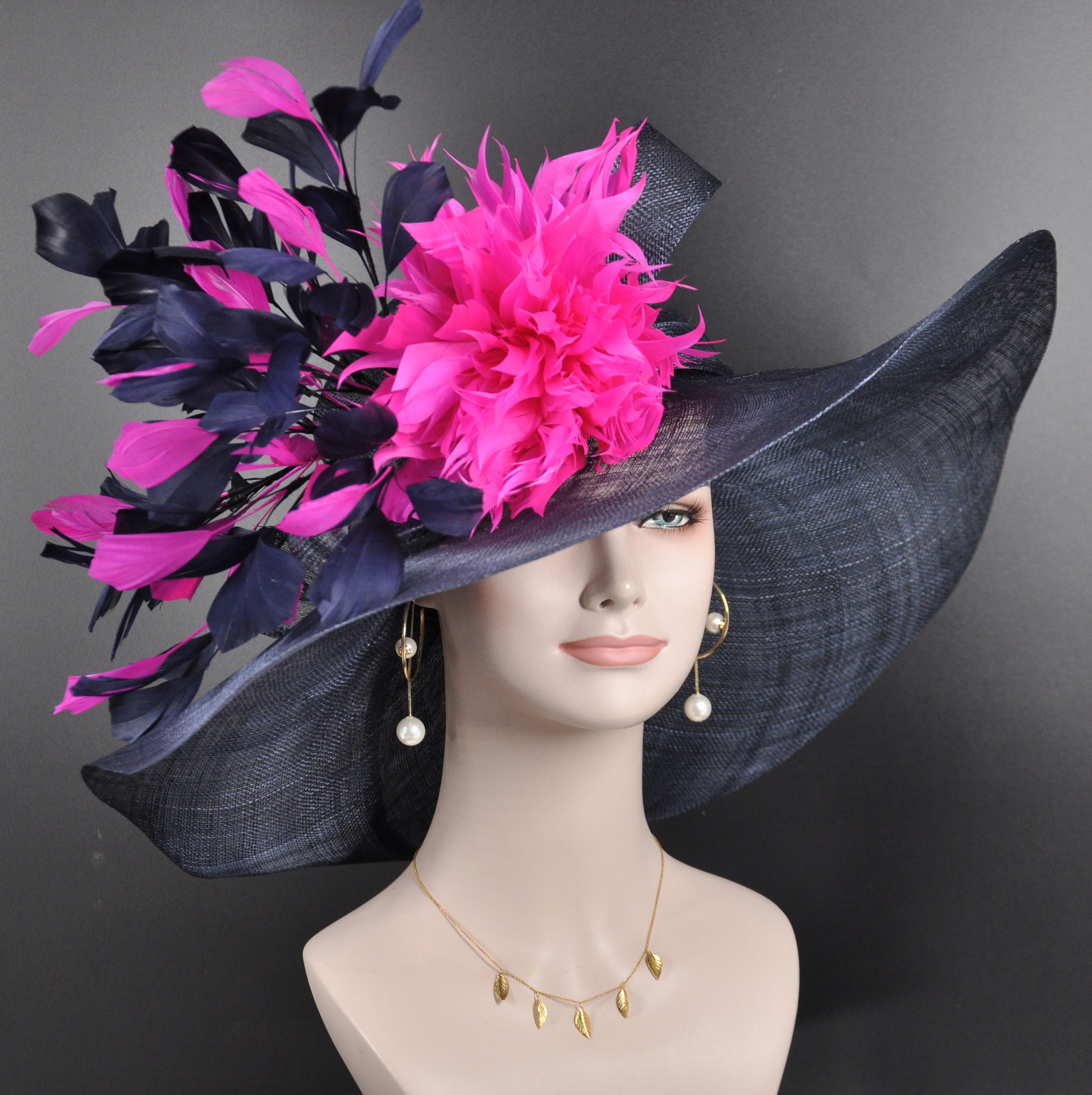 Navy Blue Fuchsia Pink Feather Flower Wide Brim Kentucky  display picture 2