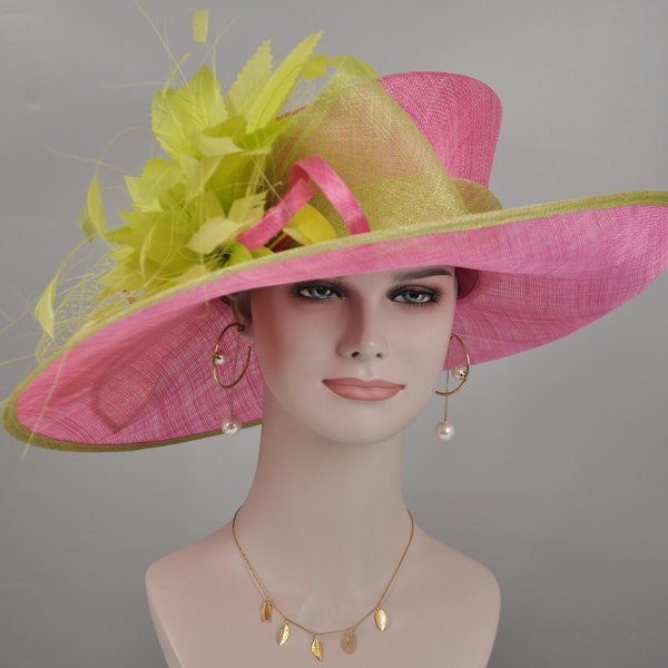 Hot Pink w Lime Green  Feather Flower  Wide Brim Sinamay  Kentucky Derby Hat Tea Party Carriage Party