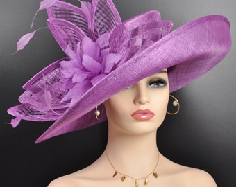 Church, Kentucky Derby Hat ,Carriage, Tea Party, Wedding, Wide Brim Sinamay Hat, Royal Ascot Hat, Horse Race Hat, Oaks day hat Grape Purple