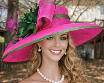 Fuchsia Pink and Green Derby Style Hat With Lime Green  display picture 1