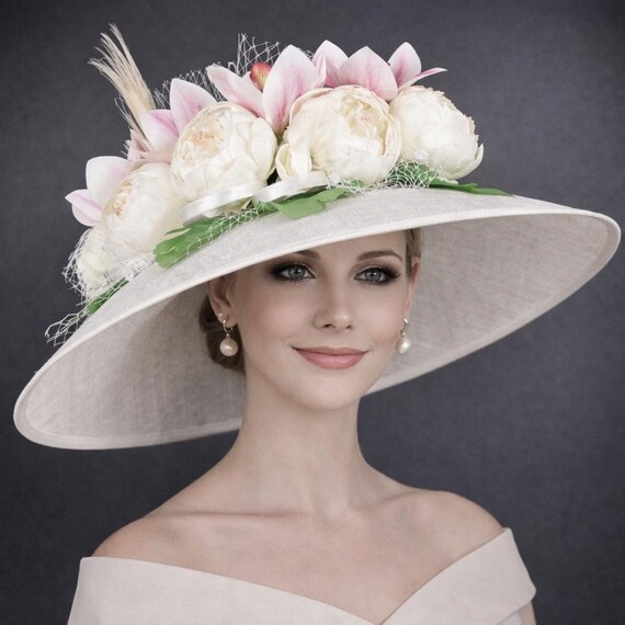 Garden Party Derby Hat – Wide Brim Straw with Ivory Peony and Floral Ribbon White Straw Kentucky Derby Hat: Wide Brim With Pink Flowers  main image 3