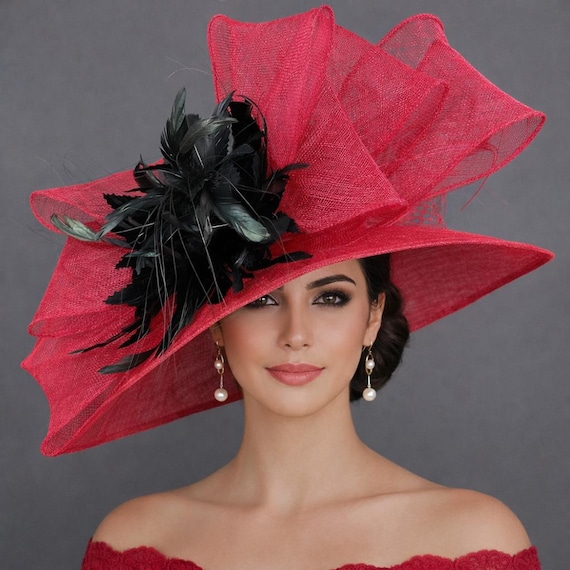 Kentucky Derby Hat Wide Brim Sinamay, Statement Bow Feather  display picture 1