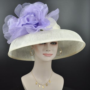 Audrey Hepburn Style Dome Hat Kentucky Derby Hat Tea Party Carriage Wide Brim Sinamay Hat Ivory/off White+ Lavender