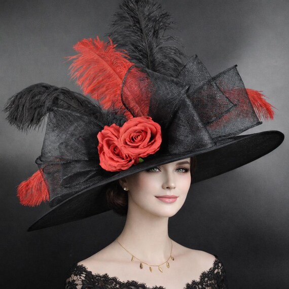 Elegant Wide Brim Sinamay Hat, Ostrich Feathers Rose Flower  display picture 1