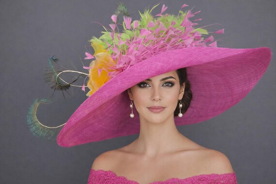 Fuchsia Pink Wide-brim Sinamay Hat: Derby Feather Floral - Etsy display picture 2