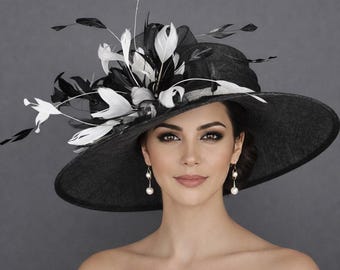 Black, White Wide Brim Hat: Crinoline Edge, Feathers, Big  display picture 1
