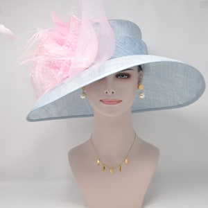 Church Kentucky Derby Hat  Carriage Tea Party Wedding Wide Brim  Royal Ascot Hat in Solid Sinamay Hat Powder Blue w Pink Feather