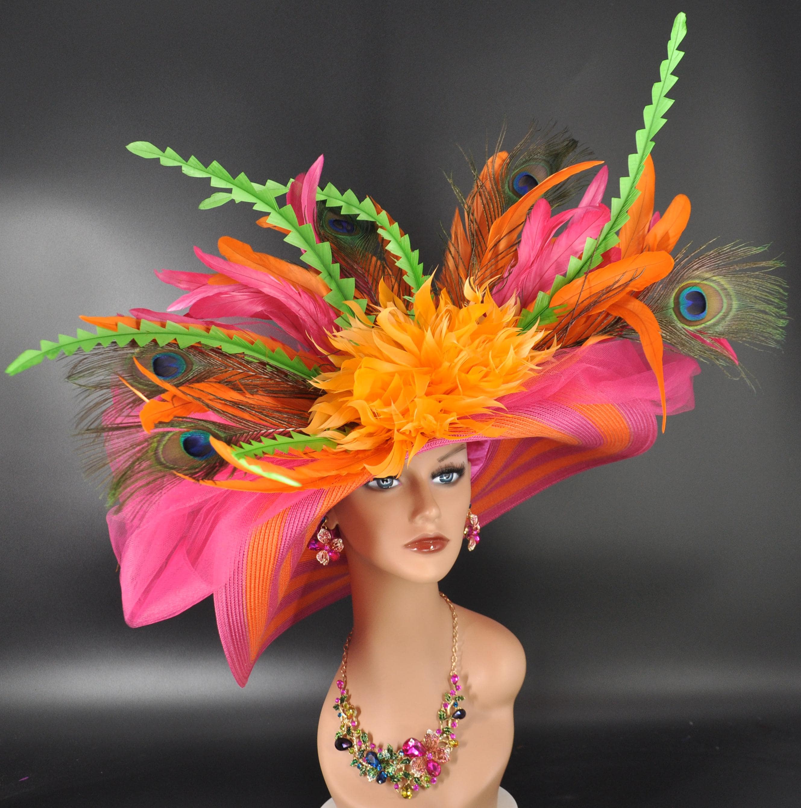 Derby Hat: Hot Pink, Orange, Peacock Feather Sinamay Hat - Etsy