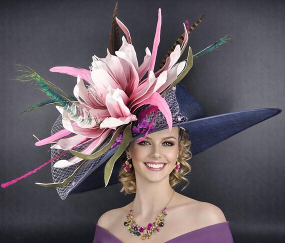 Navy Derby Pink Flower Peacock Wide Brim Kentucky Derby Hat  display picture 2