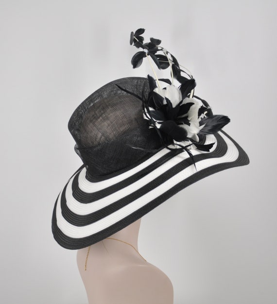 Black & White Feather Flower Derby Hat: Wide Brim Sinamay - Etsy display picture 2