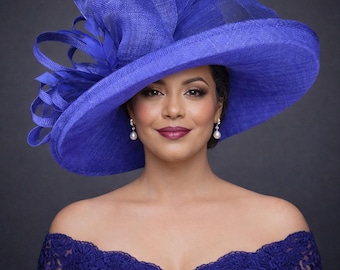 Wide Brim Sinamay  Hat for Kentucky Derby, Ascot Racing Hat, Elegant Wedding Guest Hat, Mother of the Bride Hat Royal Blue