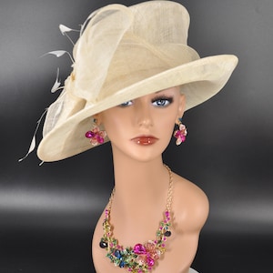 Wide Brim Kentucky Derby Floppy Sinamay Hat With Flowers  Millinery Church  Hat Ivory